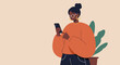 © Vector Solution - Stylish African American woman focused on her smartphone, connecting online or using an app. Illustrates digital lifestyle and technology.