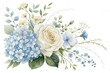 © AdobeStock - Elegant watercolor floral arrangement featuring soft blue hydrangeas and creamy white roses