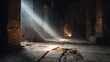© MACHATOMI - Dramatic atmosphere inside a ruined temple, where light beams pierce through openings and fall onto a cracked stone floor with drifting haze