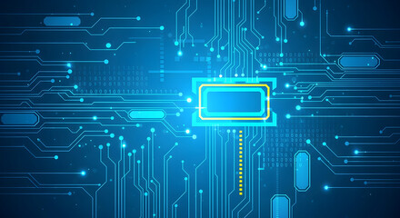Abstract circuit board with a glowing processor in the center conveying technological innovation and the interconnectedness of digital systems Technology