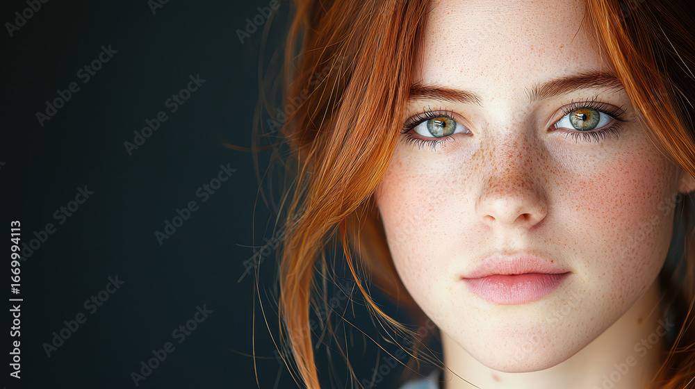 Close up portrait of young woman with red hair and freckles, showcasing ...