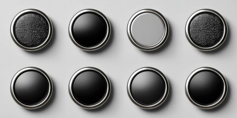 six circular buttons in different shades of gray and black on a light gray background