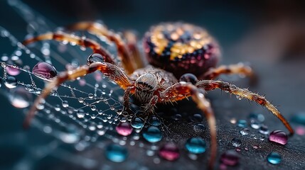 Spider with Dewdrops: Macro Wildlife Ecology Photography