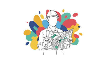 Construction worker studying map for urban planning project