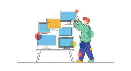 Man Adjusting Multiple Screens, Technology Setup, Modern Workspace