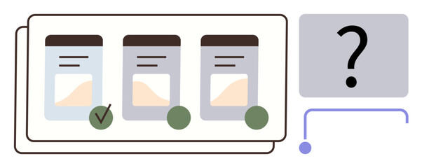 Three comparison cards with graphs, checkmark signifying selection, and connection to a question mark box. Ideal for decision-making, option sorting, process flow, analytics, strategy, solution