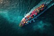 © At My Hat - Aerial view of a cargo ship with colorful containers sailing on the sea. Illustrates global trade, import, export, and international shipping industry.