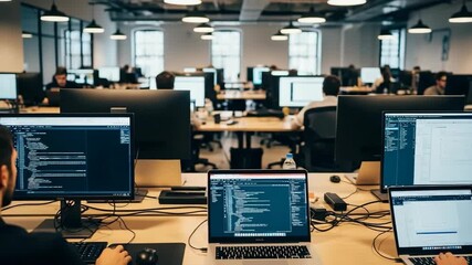 Office workspace displays many computer screens with employees working in background. Bright office workspace, showcasing software development and open plan office layout