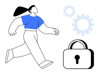 Confident woman walking beside a padlock and gears conveying security, progress, and system efficiency. Ideal for safety, privacy, workflow, technology, optimization innovation teamwork. Clean