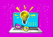 © mitay20 - Collage with halftone hand, laptop and light bulb. Creative idea generation or brainstorm concept vector pop art retro style illustration. design element for infographic, poster, website