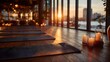 © horizon - Serene, empty yoga studio at sunset, with rows of mats neatly arranged on a polished wooden floor, the room filled with warm, golden light from windows and small candles.