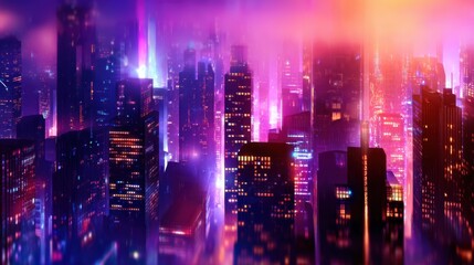Wall Mural - Vibrant city skyline at dusk with glowing lights and mist, showcasing urban life and technology