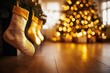 © Manatchaya - Golden Christmas Stockings Hanging by a Tree with Soft Bokeh Lights