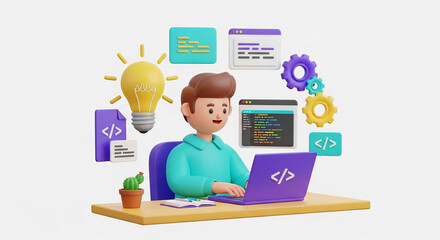 3D illustration of person working on laptop, surrounded by code, gears, and lightbulb, symbolizing software development, innovation, and problem-solving