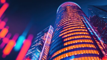 Wall Mural - Vibrant city skyline at night showcasing modern architecture with illuminated buildings and colorful lights