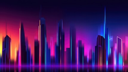 Wall Mural - Vibrant futuristic city skyline at dusk with colorful lights and reflections in the water