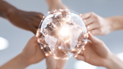 Wall Mural - group of people holding hands around a globe.