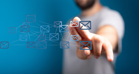 Person interacting with digital email network.  Concept of online communication, messaging, and connectivity.