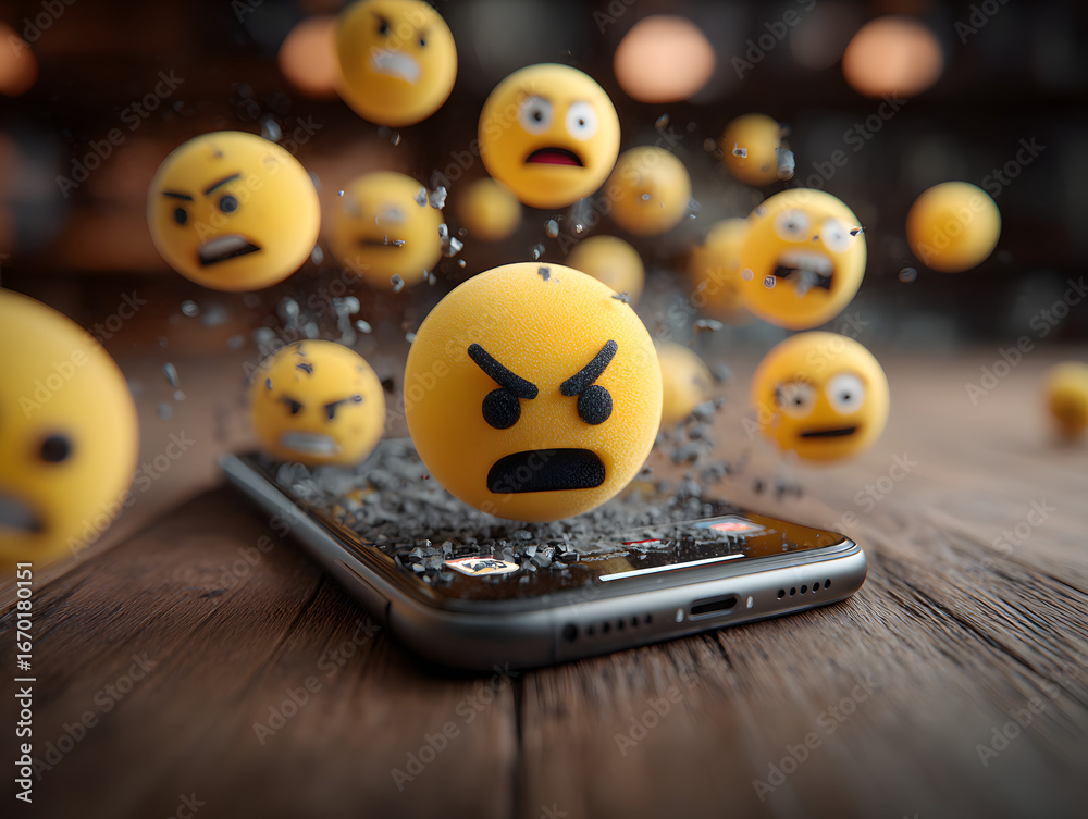 smartphone lying on dark desk, angry face emojis floting aggressively ...