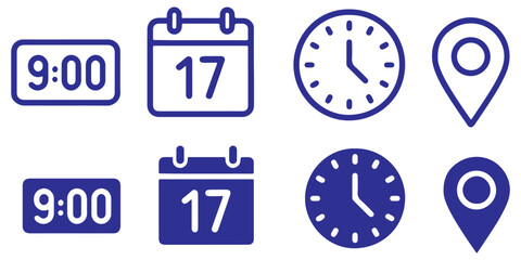 Wall Mural - Address time date icons set. Address location icon. Clock icon. Calendar icon. Time, date and address icon set. Calendar, clock, location. Editable stroke. Vector illustration