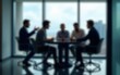 © fu - Group of businesspeople negotiating gathered in modern conference room, blurred silhouettes view, meeting behind closed glass doors. AI Generated Images. High quality
