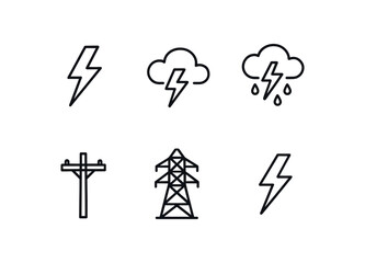 simple outline stroke icon isolated on white background: lightning bolt thunder cloud sky power line electric tower