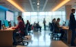 © fu - Blurred bank lobby with customers near teller counters. People near computers, working in financial service environment. Modern business office interior with waiting area, technology. High quality