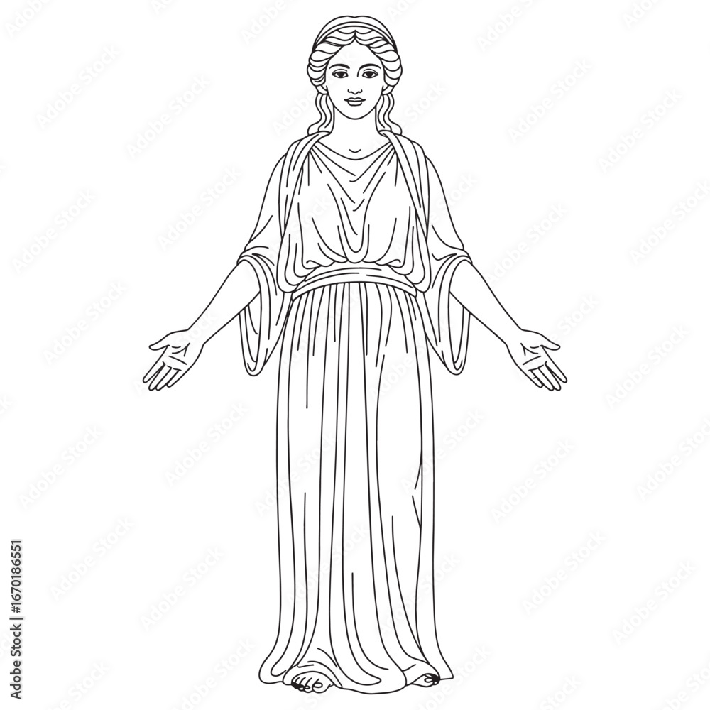 Greek Goddess Hestia Line Art – Elegant Vector Illustration Symbolizing Sacred Fire Drawing – Hestia Drawing – Line Art Drawing of Hestia – Hestia Icon – Greek Goddess Vector