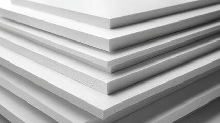  A 4K photo of pVC white plastic sheets stacked for construction and design applications showcasing their light weight and durability in a monochrome setting.