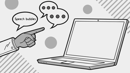 Hand pointing at laptop screen with speech bubbles illustration communication online chat dialogue digital interaction technology social media website design communication concept internet network co.
