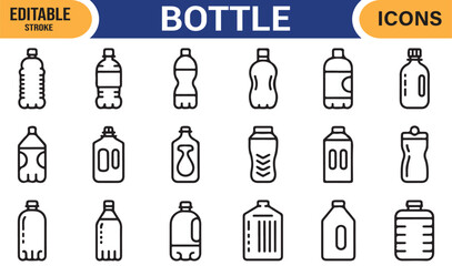 Detailed Vector Icons of Bottles, Various Shapes and Sizes, Editable Stroke