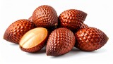Overhead shot displaying arrangement of salak fruits and peeled segments on a light surface.