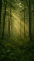  Sunlit forest with lush greenery.