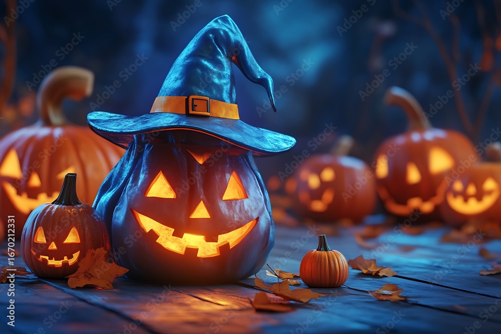 Glowing Jack O'Lantern with Witch Hat and Pumpkins creating a spooky ...