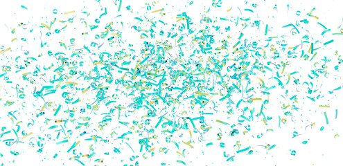High-resolution image of teal and gold confetti exploding on white background. Perfect for celebrations, parties, and festive designs.