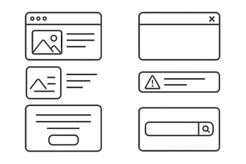 vector outline icon set featuring web design elements like alerts, search boxes, and content cards f