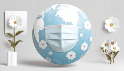 Blue Earth Globe Wearing a Mask with White Flowers