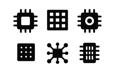 vector outline icon set featuring microchip and grid designs for technology and digital projects