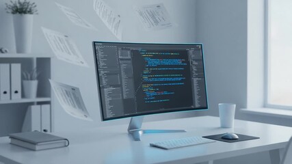 A Modern Home Office Workspace Featuring a High-Resolution Monitor Displaying Colorful Code, Surrounded by Floating Digital Documents and a Minimalistic Desk Setup