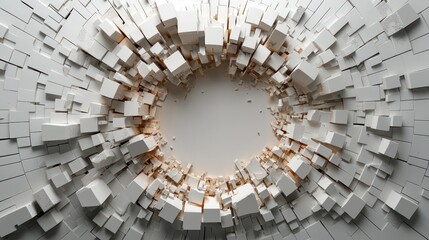 White cubes exploding outward, creating a circular void