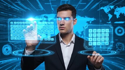 Man in Suit Interacting with Futuristic Blue Holographic Interface with Glowing Eyes