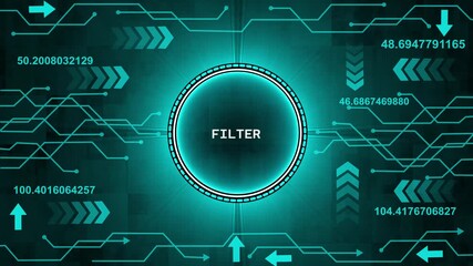 Futuristic Digital Filter Interface with Neon Circuitry and Data Streams. abstract background animation. 4k render video and technology background.