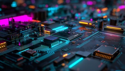 3D Render of Digital Circuit Board with Glowing Neon Elements, Futuristic AI Electronic System Design on Dark Background