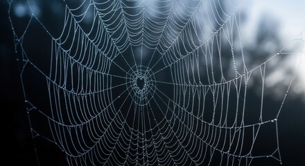 Delicate spiderweb glistening with morning dew, nature's intricate design