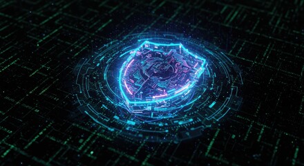 A vibrant shield icon glows on a dark digital grid background, symbolizing network security and protection against cyber threats in the modern information age.