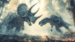 © syhin_stas - Epic dinosaur battle scene with a Triceratops and Tyrannosaurus fighting in a misty jungle.