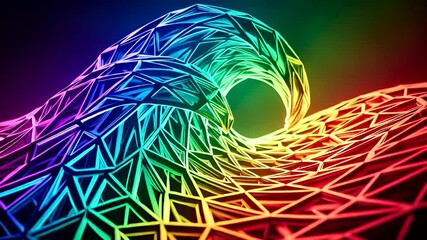 Abstract colorful wave formed by triangular geometric shapes with vibrant light glow