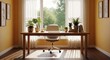 © Lemdah - Sunny home office with wooden desk, plants, and window view