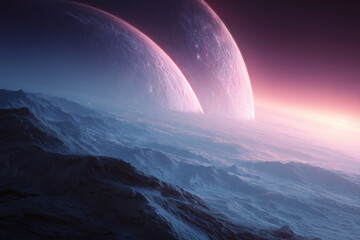 Wall Mural - Two large planets are floating in space above a rocky, blue planet