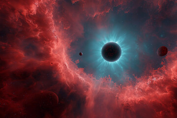 Wall Mural - A red and blue space scene with a large blue eye in the center
